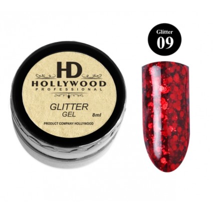 Гліттер для нігтів HD Hollywoood Glitter Gel 09 Ярко-червоний 8 мл